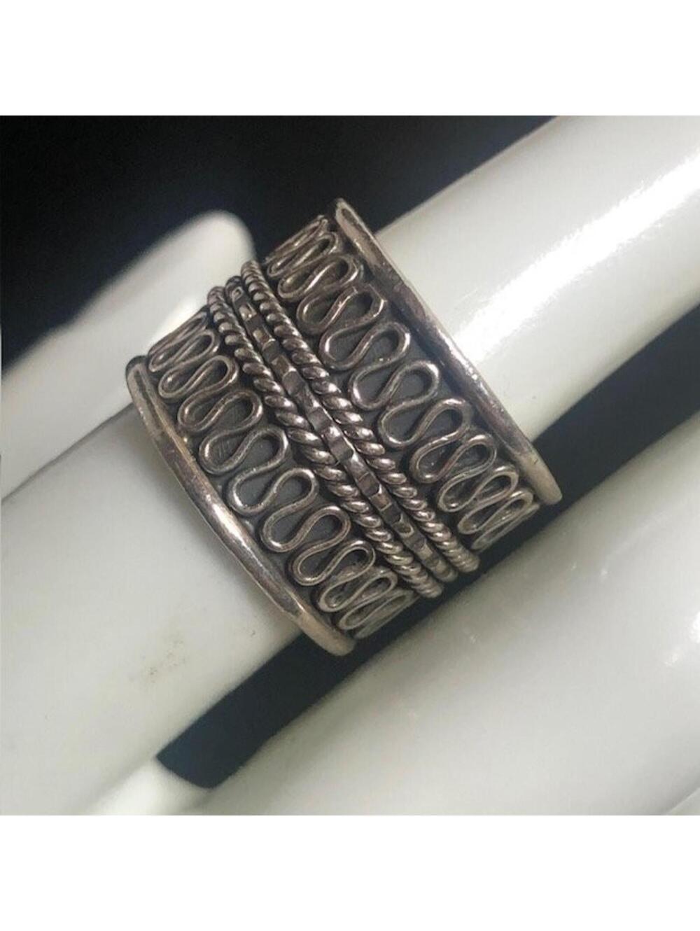 B1240 SSP Artisan Wide Band Ring Sterling 925 Scrollwork Rope Design sz 7 7.3g
